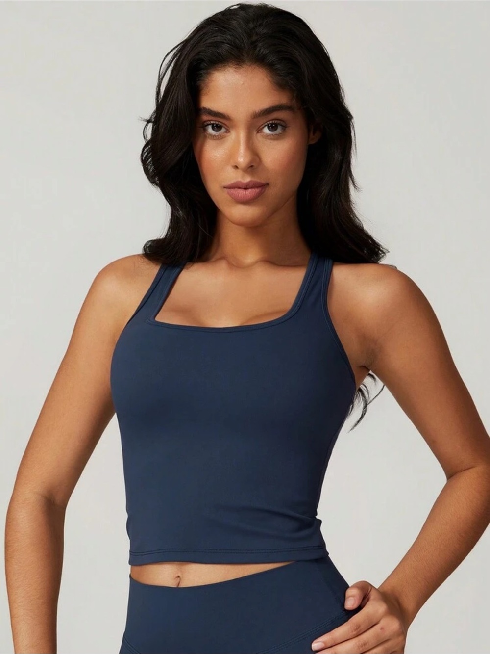 SHEIN Set of 2 Sz S Active Racerback Crop Tank Tops Navy and Cream Built in Bra